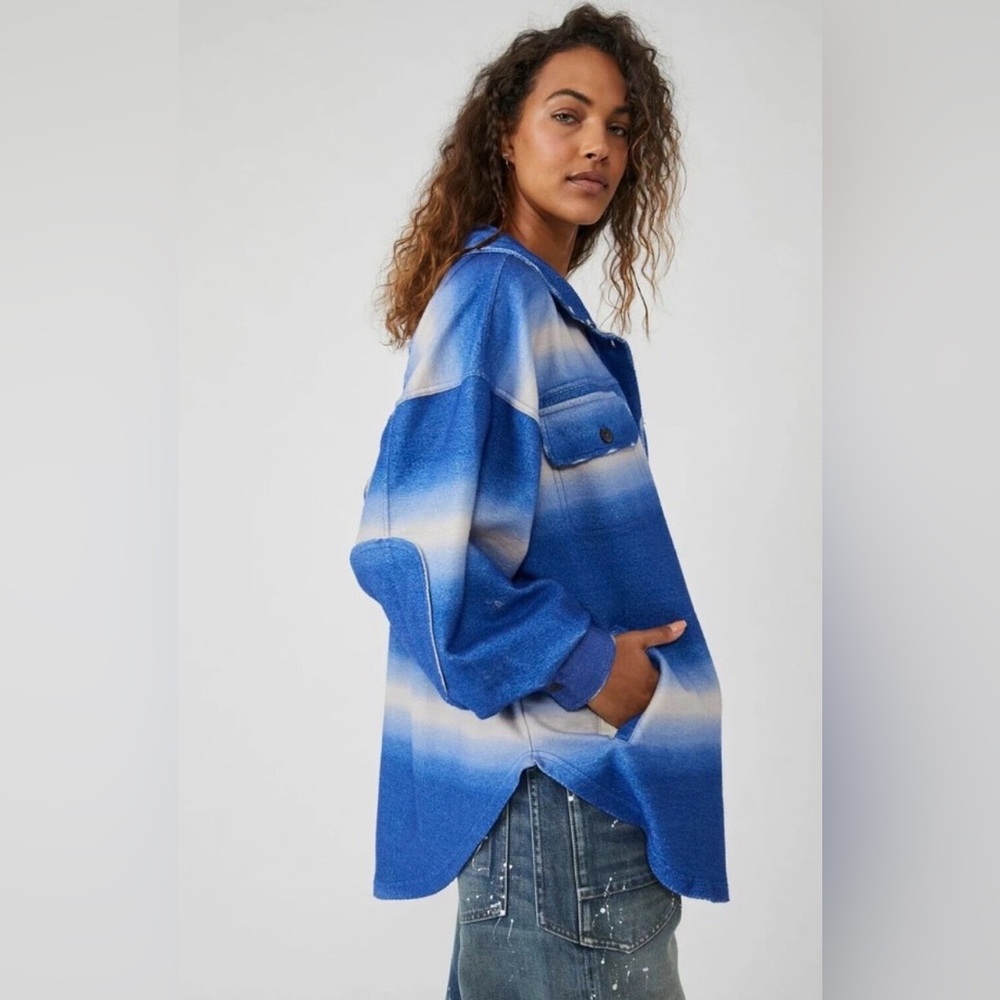 Free People Ruby Oversized Jacket/Shacket Deep Sea Combo Blue stripe size small
